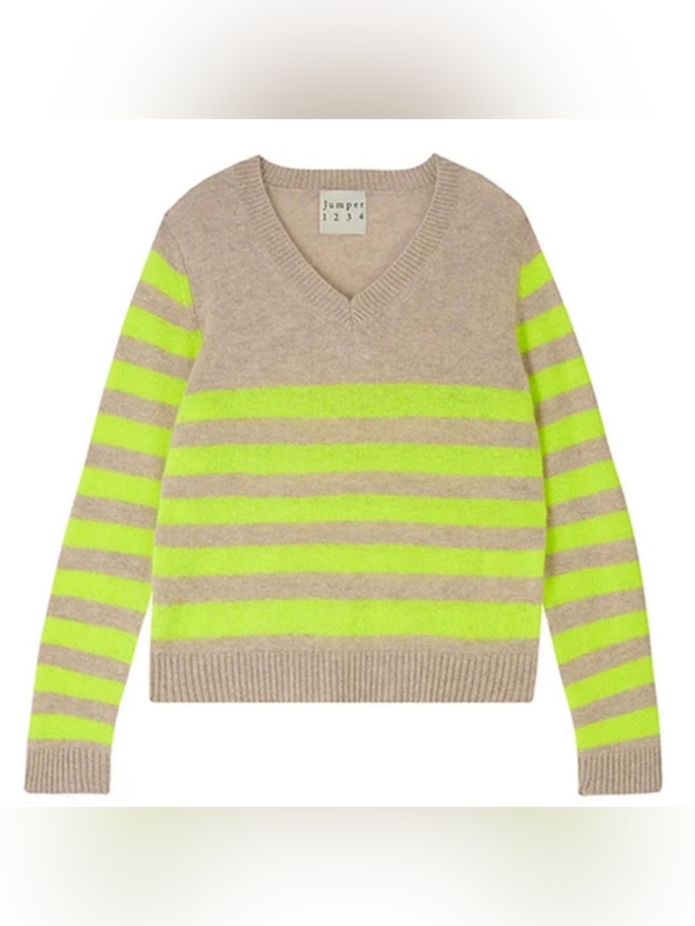 Jumper 1234 Women's V-Neck Striped cashmere Sweater in Beige and Neon Yellow